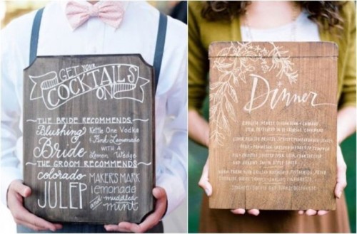 stylish usual and cocktail menus done on the wood with calligraphy will fit a rustic wedding