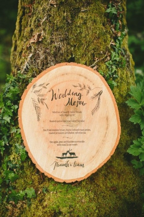 a gorgeous wood burnt wedding menu will fit both a rustic and a woodland wedding