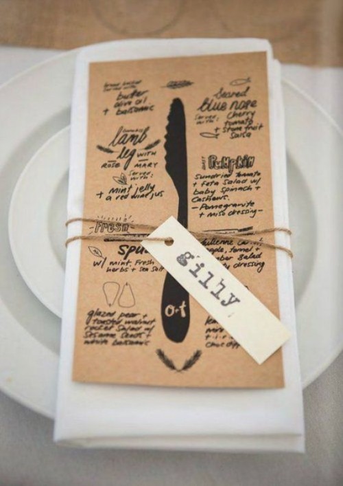 a simple cardboard menu with black printing is a stylish idea for an informal wedding