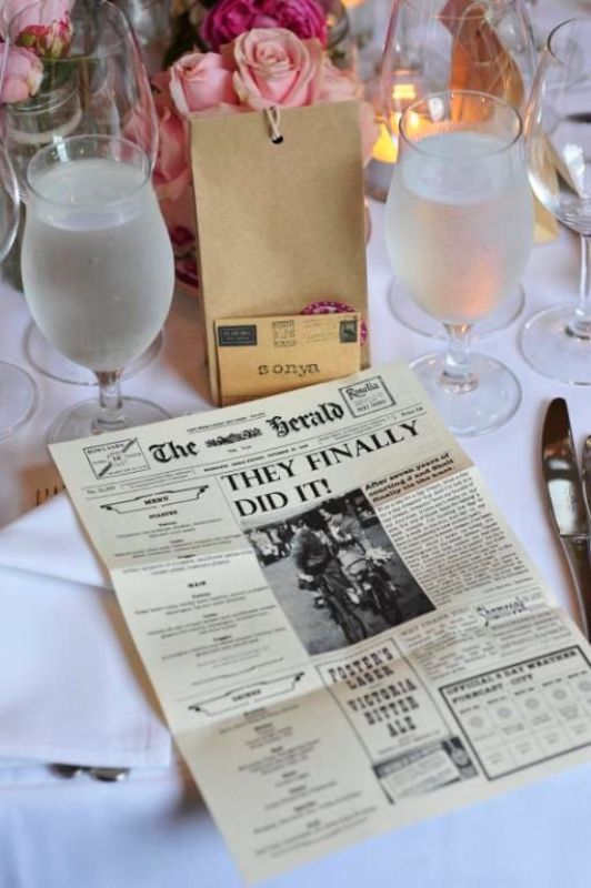 A wedding program and menu designed as a newspaper is a super fun idea with a touch of retro
