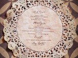 a doily wedding menu is a stylish idea for a vintage or a rustic wedding