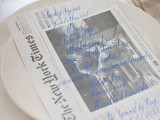 a wedding menu written with a bright blue pen right on the newspaper to make it retro and cool