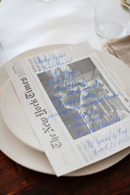 a wedding menu written with a bright blue pen right on the newspaper to make it retro and cool