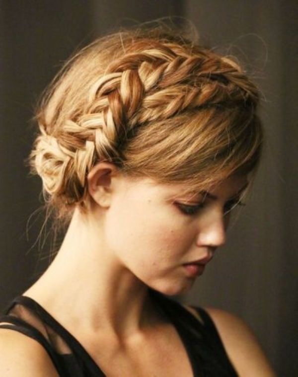 An updo with a double braid on top plus side bangs is a stylish idea with a rustic feel