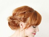 a low messy updo with two braids and bangs is a chic idea with a current trend – messy hair