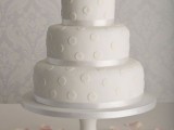 a white wedding cake with matching polka dots, blush sugar blooms on top is a fantastic idea for a neutral wedding