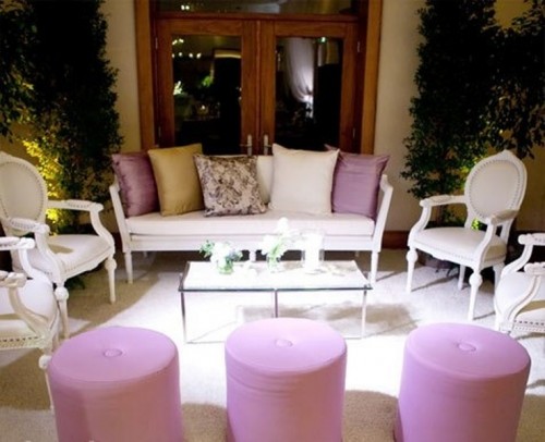 a refined white and mauve outdoor wedding lounge is a chic and beautiful space to spend time in, the exquisite furniture adds interest
