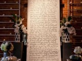 a romantic wedding backdrop with your favorite quotes, rhymes or books is a very meaningful idea that brings true romance