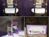 a purple tablecloth, a purple invitation and a cake topper