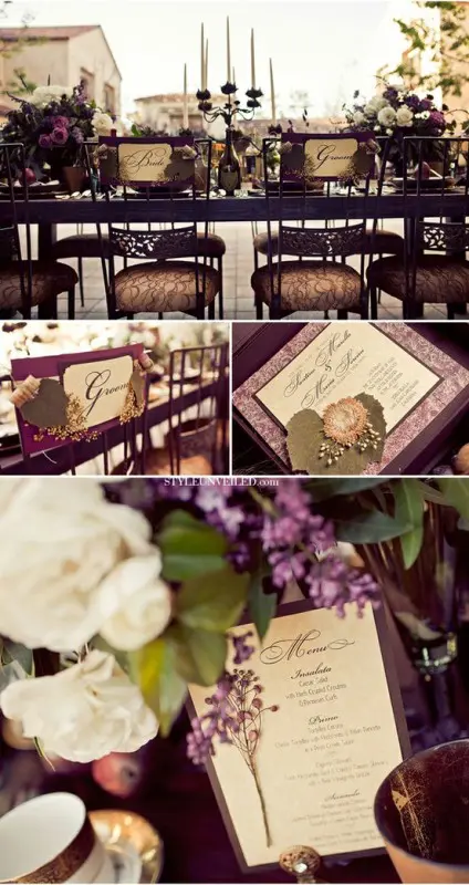 purple chairs, florals and invitations for elegant and refined wedding decor