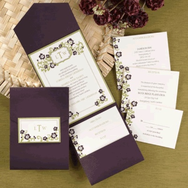 Refined deep purple wedding stationery with floral patterns