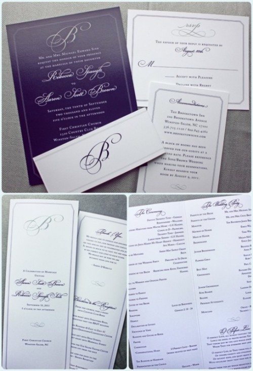 elegant purple and white wedding stationery with calligraphy is a stylish idea