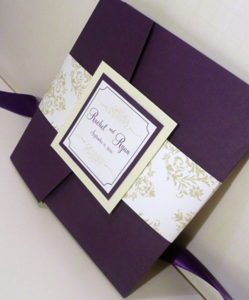 elegant deep purple wedding stationery with floral prints