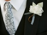 a white lace boutonniere with ribbons and twine is a cool idea to add interest and a vintage feel to the look, a ute DIY alternative to a usual boutonniere