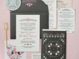 a beautiful neutral, pink and black wedding invtation suite with floral and lace prints is a lovely and cool idea for a modern wedding