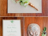 a wedding invitation suite with an elephant stamp and a painted mask is a creative idea for a safari wedding