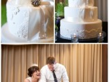 a white wedding cake with lace tiers and a single sleek tier with ribbons and a vintage brooch for a vintage-inspired wedding