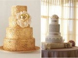 a gold lace wedding cake and a grey and white lace wedding cake with blooms are cool and elegant