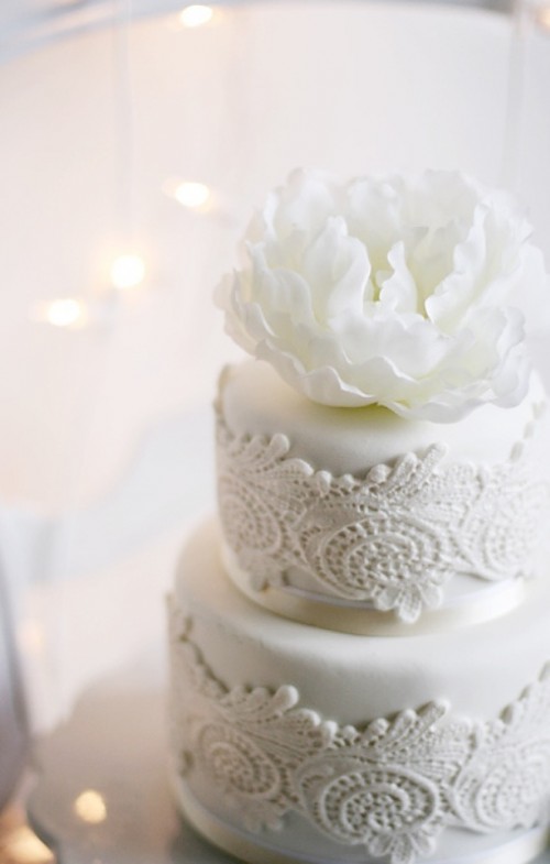 an elegant and chic white lace wedding cake topped with a single fresh white bloom is an amazing idea