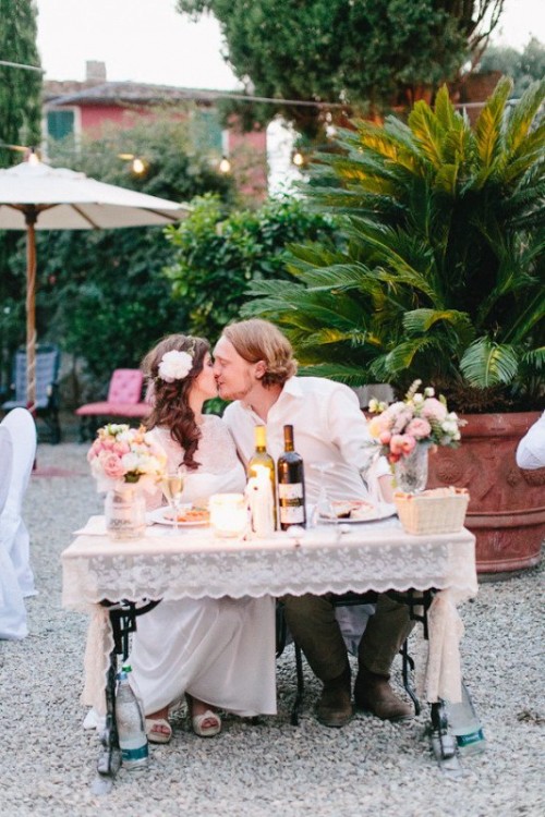 a cute white lace tablecloth and lush florals on the table plus candles will hint that it's a sweetheart one