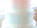 a beautiful pastel ombre wedding cake with light pink and mint tiers, peachy and light pink peonies is a cool idea for spring and summer