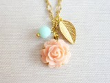 a coral rose, a gold leaf and a mint bead for a cute wedding necklace or as a bridesmaid gift
