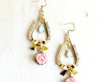a whimsical wedding earrings of gold, with pink blooms and mint drops for a chic and romantic bridal look