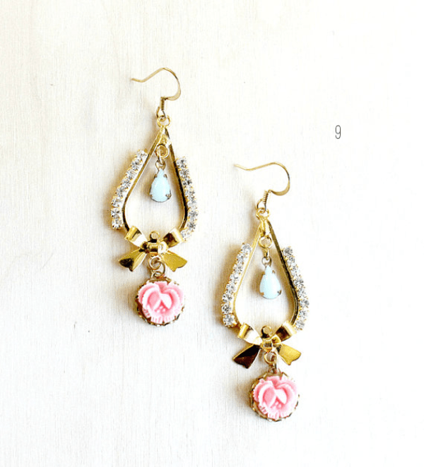 A whimsical wedding earrings of gold, with pink blooms and mint drops for a chic and romantic bridal look