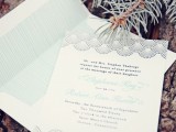 a stylish mint-colored wedding invitation suite with patterns and calligraphy is a romantic and cool idea