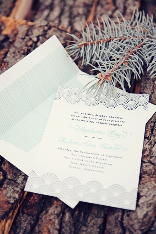 A stylish mint colored wedding invitation suite with patterns and calligraphy is a romantic and cool idea