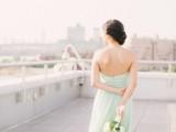 a strapless A-line mint-colored wedding dress is a nice idea for a non-traditional bride or a bridesmaid option