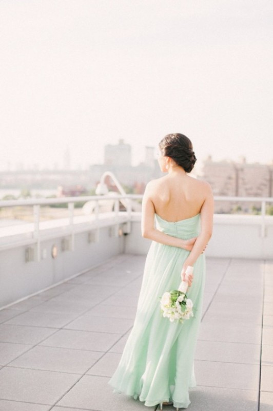 A strapless A line mint colored wedding dress is a nice idea for a non traditional bride or a bridesmaid option