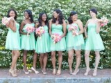strapless mini A-line mint-colored bridesmaid dresses with mismatching shoes are nice and romantic