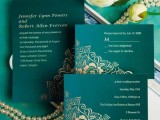 emerald green wedding stationery with touches of gold is a timeless and chic idea