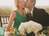 an emerald wedding dress with a sequined back and layered necklaces for a non-traditional bride