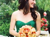 a strapless draped bridesmaid dress for a summer or fall wedding
