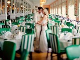 striped emerald and white chairs will make your reception bolder and cooler