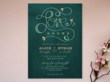emerald and white wedding stationery with calligraphy