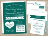 a fun and modern wedding invitation suite in emerald and white is a gorgeous idea