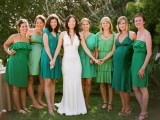 bridesmaid dresses in various shades of green including emerald will show how to pull of mismatching dresses trend