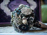 a chic and sparkly wedding bouquet of vintage brooches and ribbons is a very eye-catchy idea