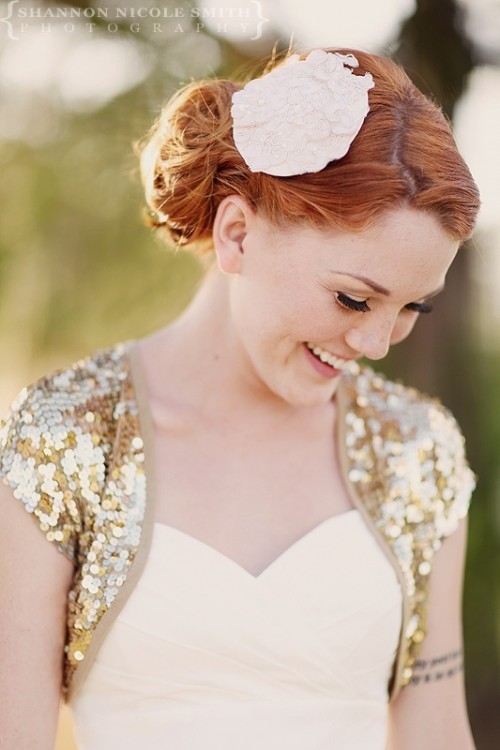 a shiny gold glitter bolero is a lovely idea for a accenting your bridal look and making it cooler