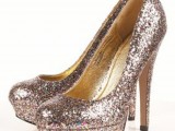 rose gold glitter platform wedding shoes with high heels are a lovely accent for a bride