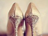 champagne-colored shoes with glitter shiny high heels are a lovely idea for a glam bride