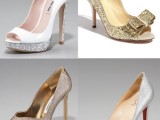 white peep toe shoes with silver glitter platforms and gold glitter bow heels for a very glam bridal look