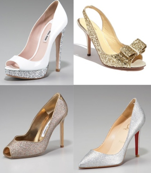 White peep toe shoes with silver glitter platforms and gold glitter bow heels for a very glam bridal look