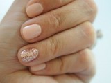 nude nails with a pink glitter accent one are amazing for a bride who loves nude but wants a bright accent