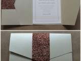 a neutral wedding invitation of kraft paper, brown glitter ribbons is a very elegant solution