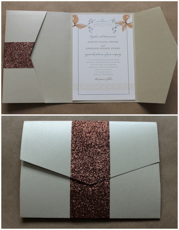 A neutral wedding invitation of kraft paper, brown glitter ribbons is a very elegant solution