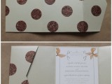 a fun glam wedding invitation with brown glitter polka dots is a cool solution for a playful wedding